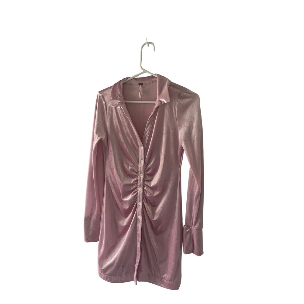 Free People Shayla Mini Velvet Dress XS Pink Velvet Ruched Button Front